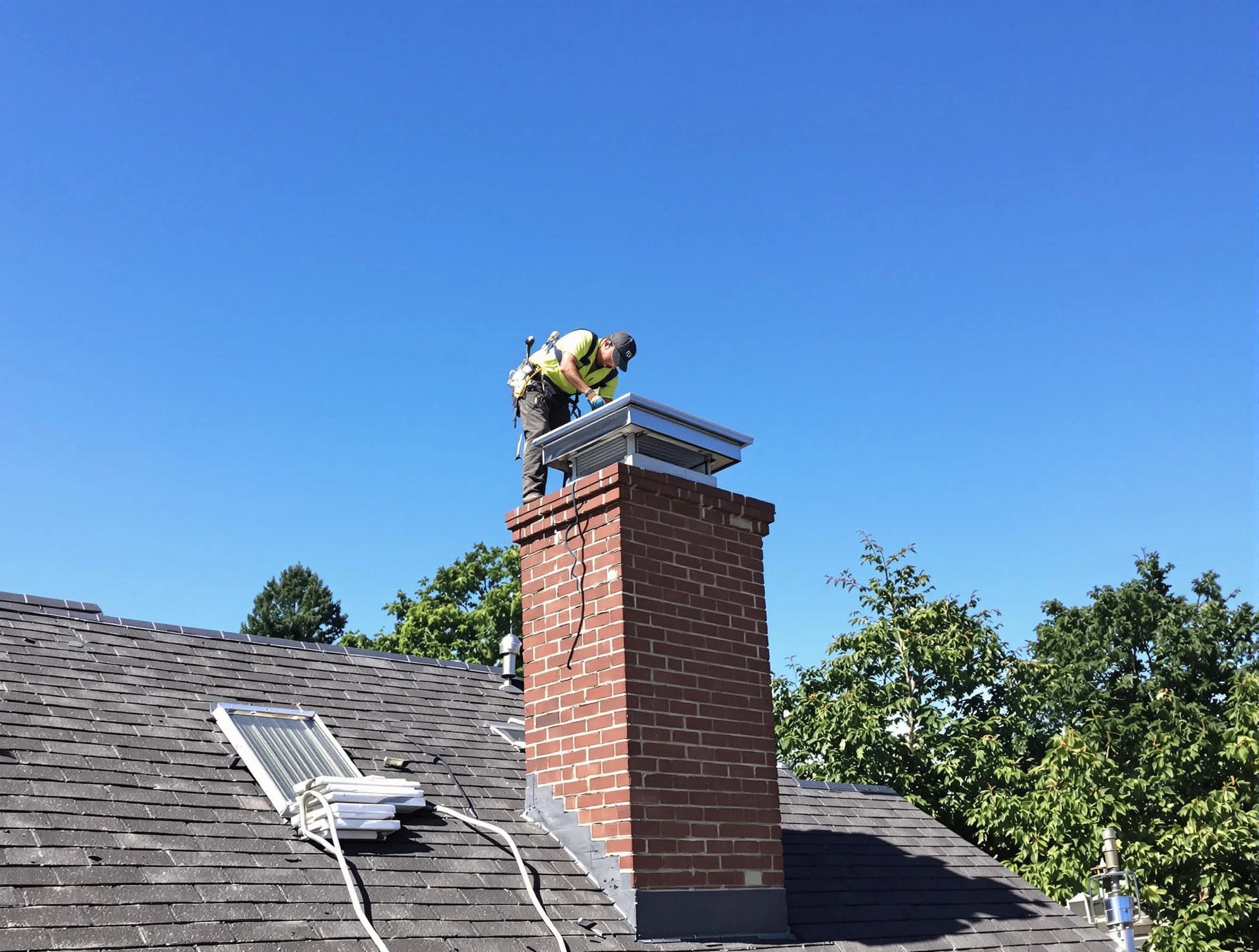 Cherry Hills Village Chimney Sweep technician measuring a chimney cap in Cherry Hills Village, CO