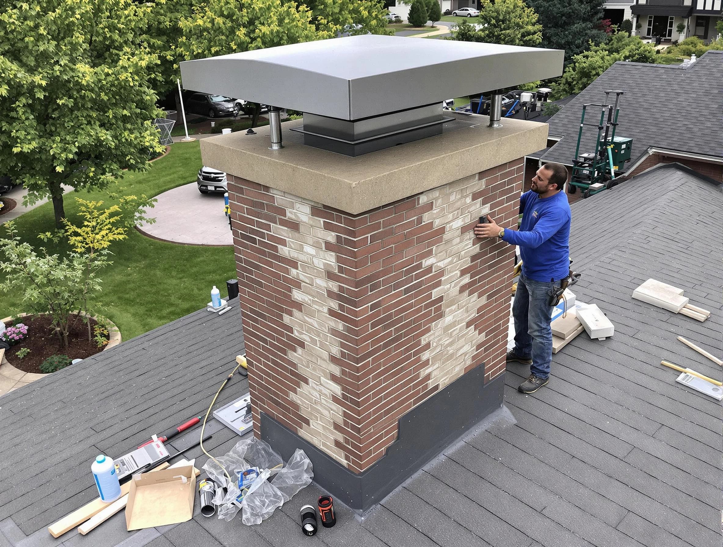 Cherry Hills Village Chimney Sweep team working on a custom chimney remodel in Cherry Hills Village, CO